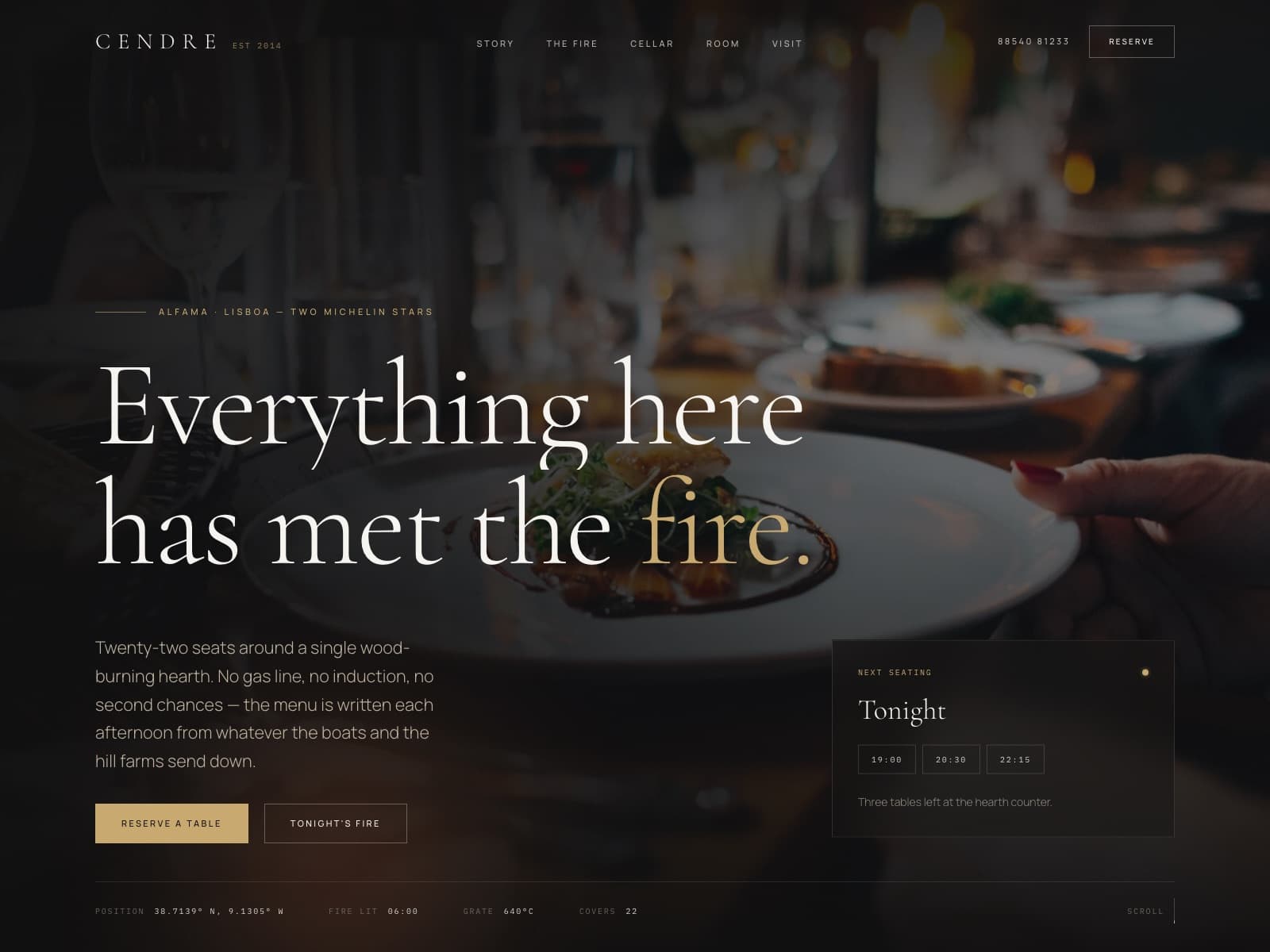 Restaurant website home page: a large serif headline over a dark, candlelit photograph of a plated dish, with a reserve a table button and tonight's seating times.